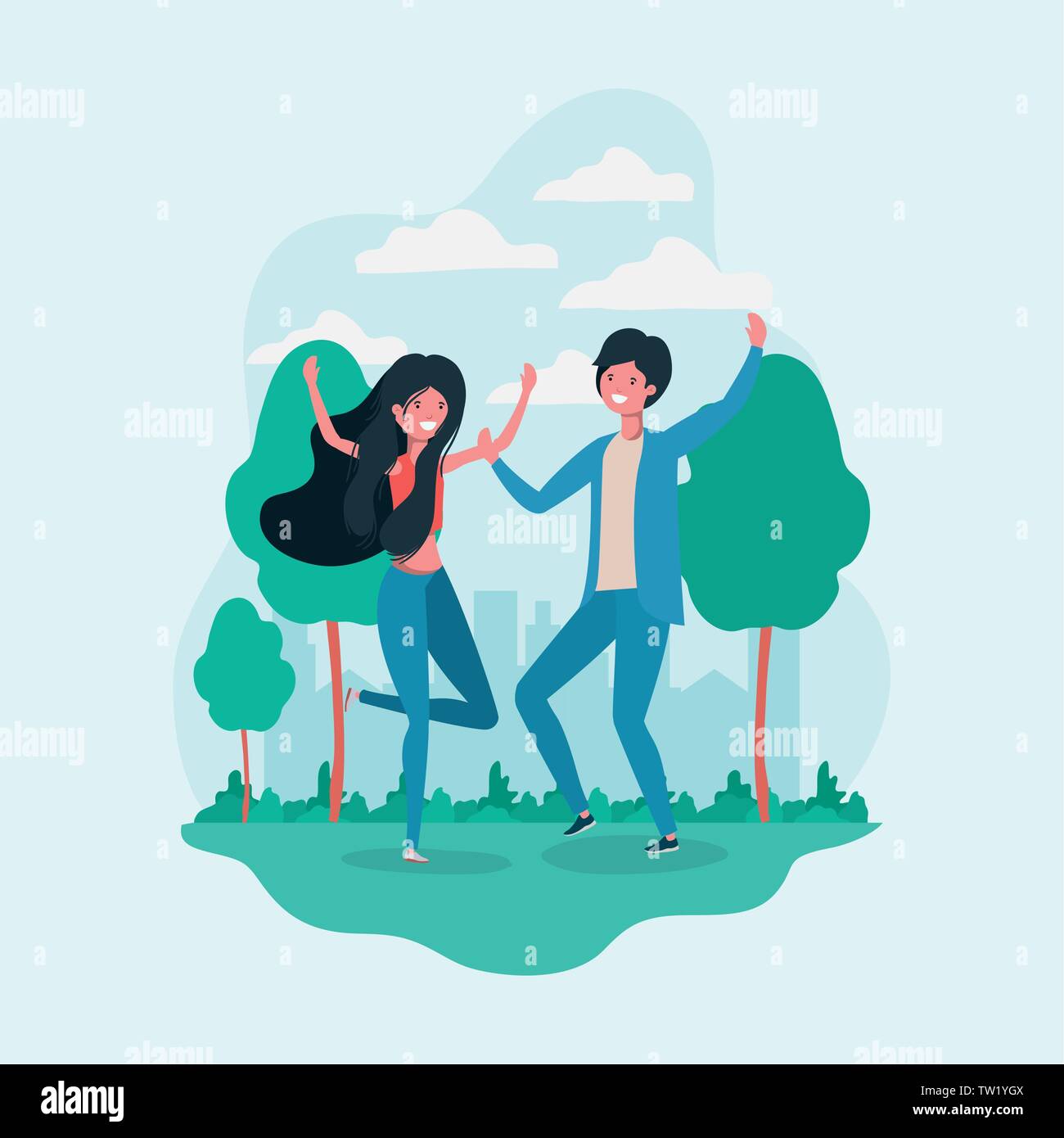 Boy and girl jumping in the park design Stock Vector Image & Art - Alamy