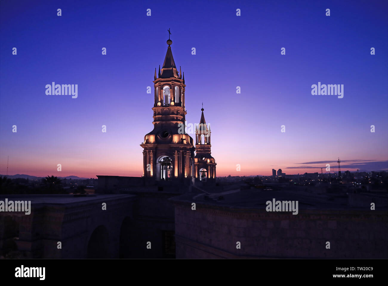 The Bell Tower of Basilica Cathedral of Arequipa Against Breathtaking Sunset Sky, Arequipa, Peru, South America Stock Photo