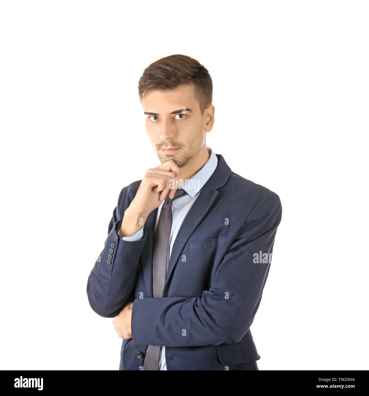 Handsome man in elegant suit on white background Stock Photo - Alamy
