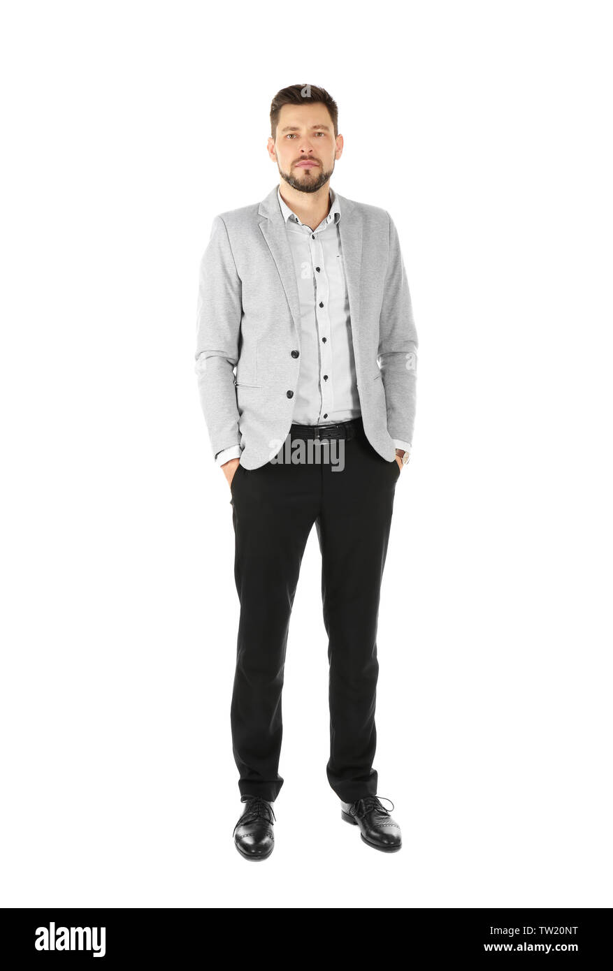 Handsome man in elegant suit on white background Stock Photo