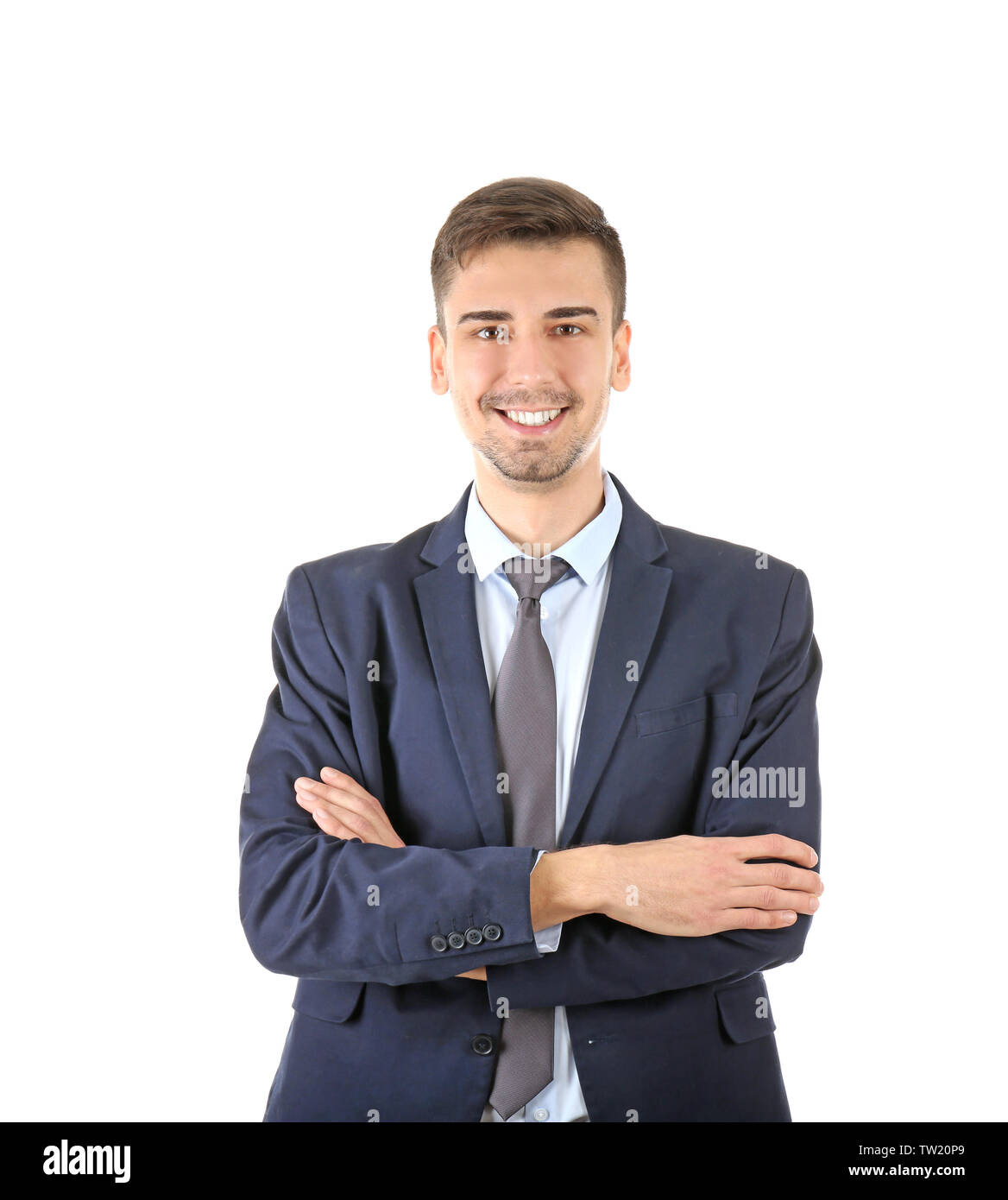 Handsome man in elegant suit on white background Stock Photo - Alamy
