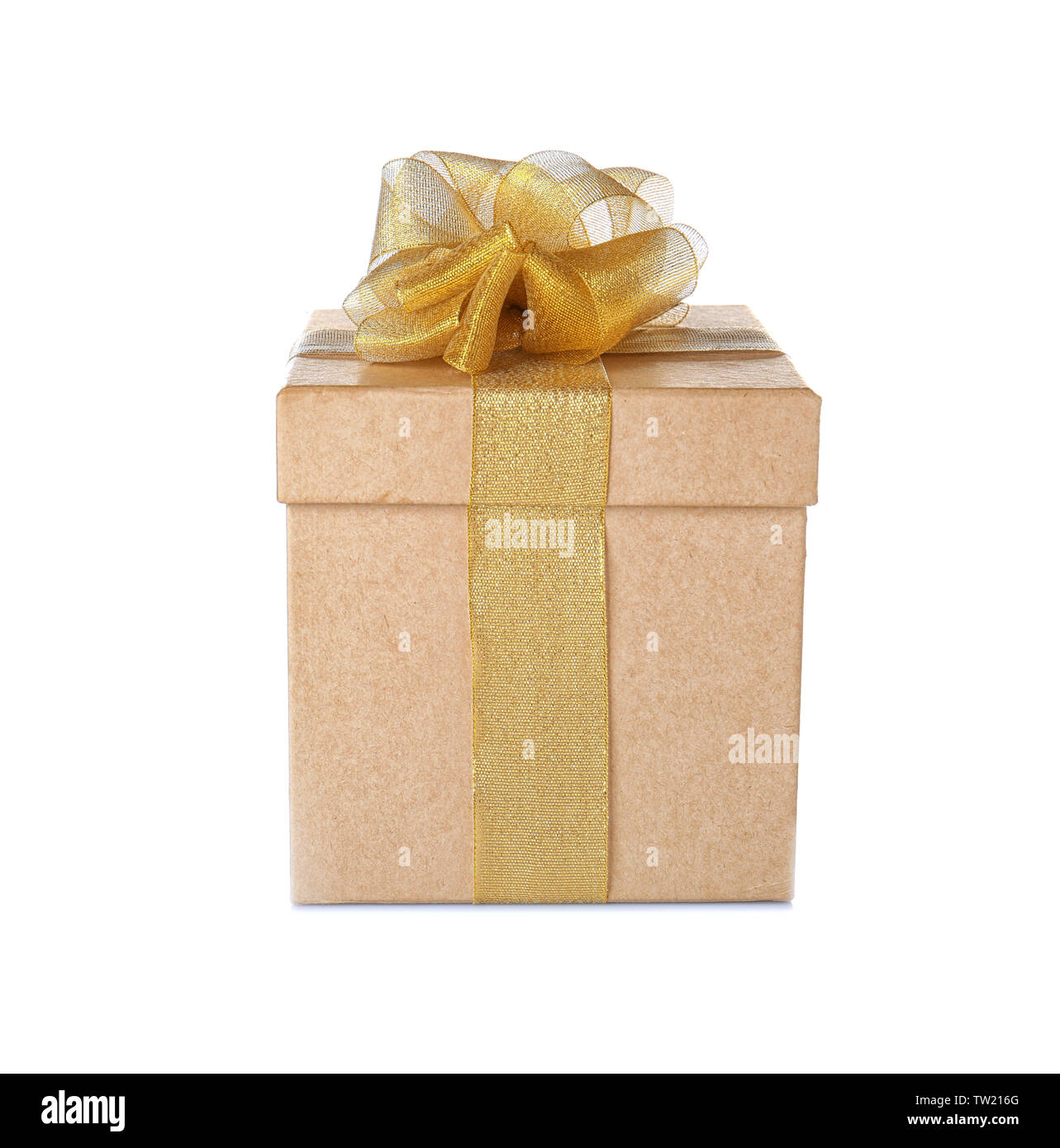 Beautiful gift box with golden ribbon on white background Stock Photo ...