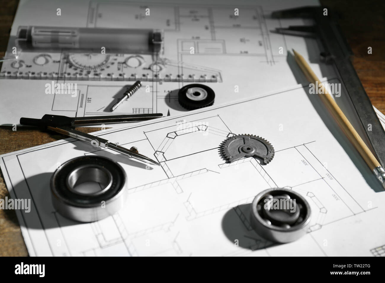 Different kinds of engineering tools and construction drawings on ...