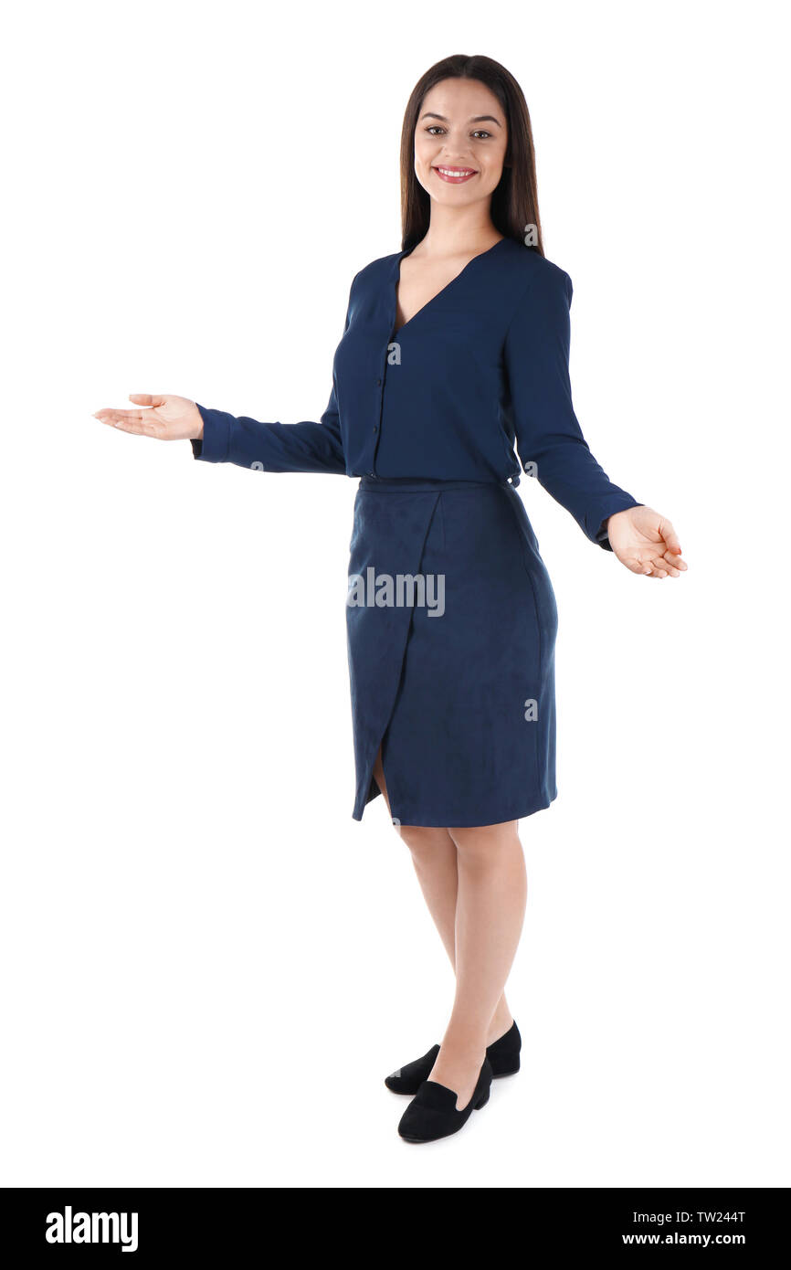 Beautiful young business woman standing on white background Stock Photo ...