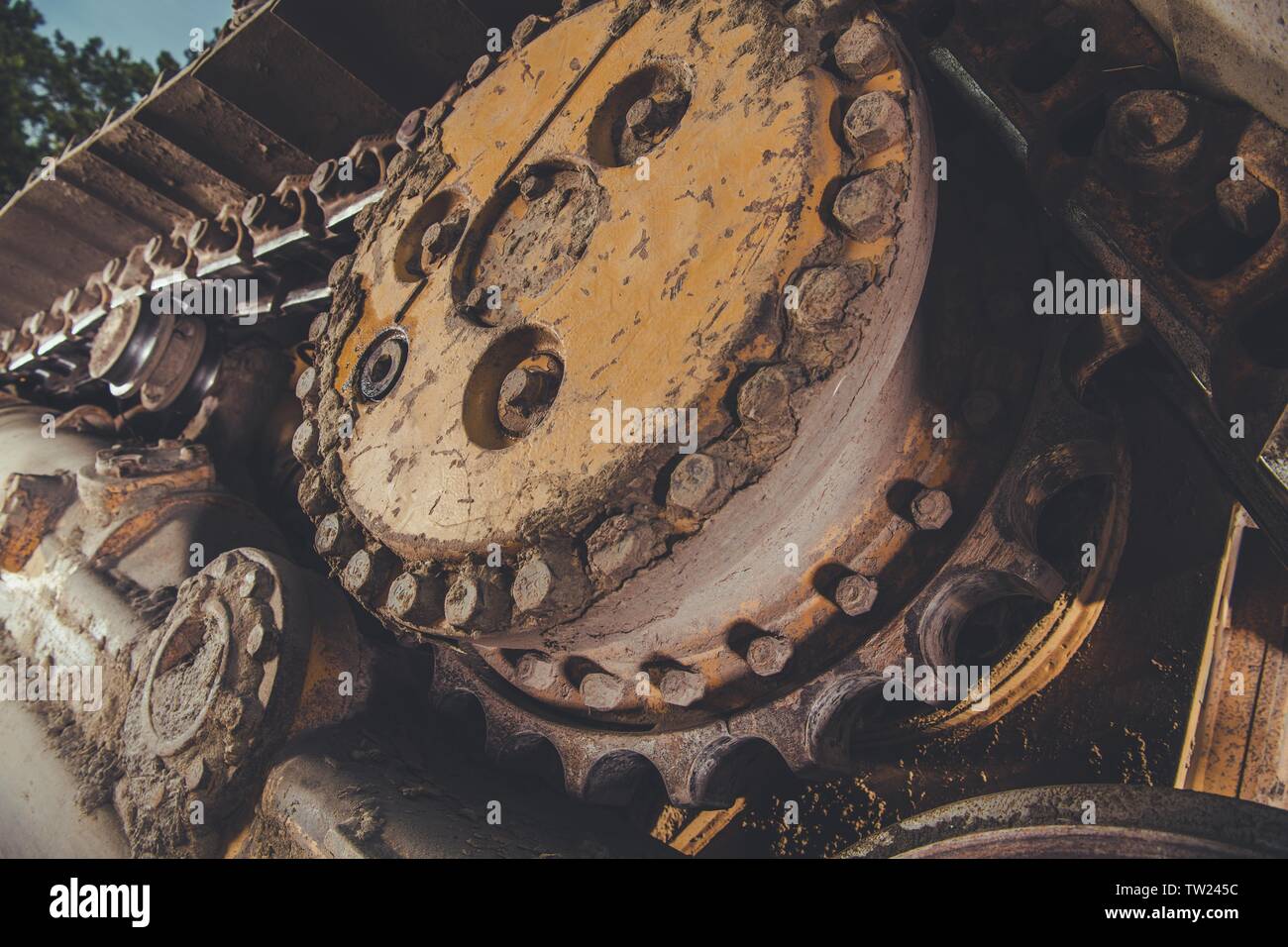 Bulldozer Caterpillar Track Closeup. Heavy Equipment Industrial Theme. Stock Photo