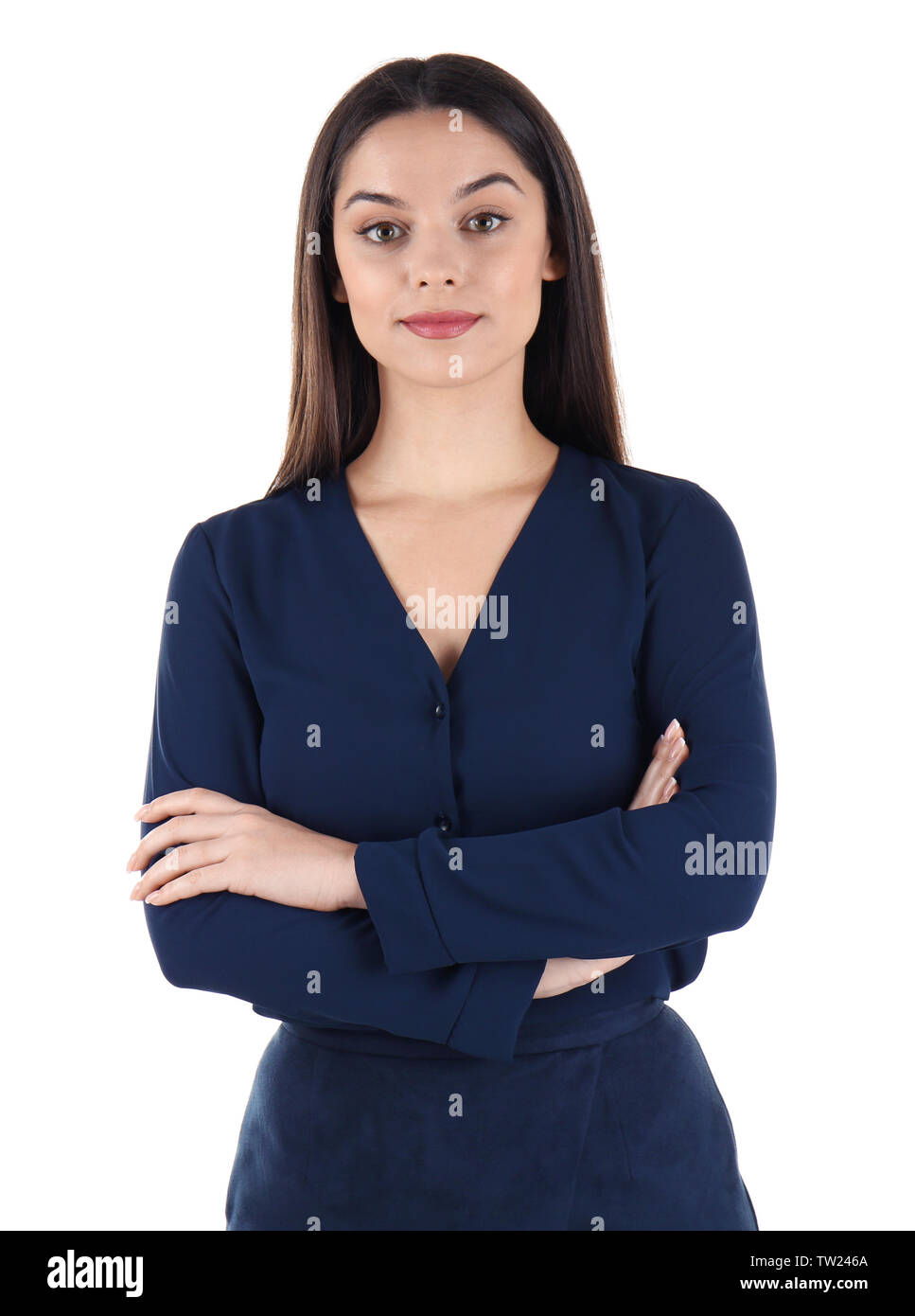 Beautiful young business woman standing on white background Stock Photo ...