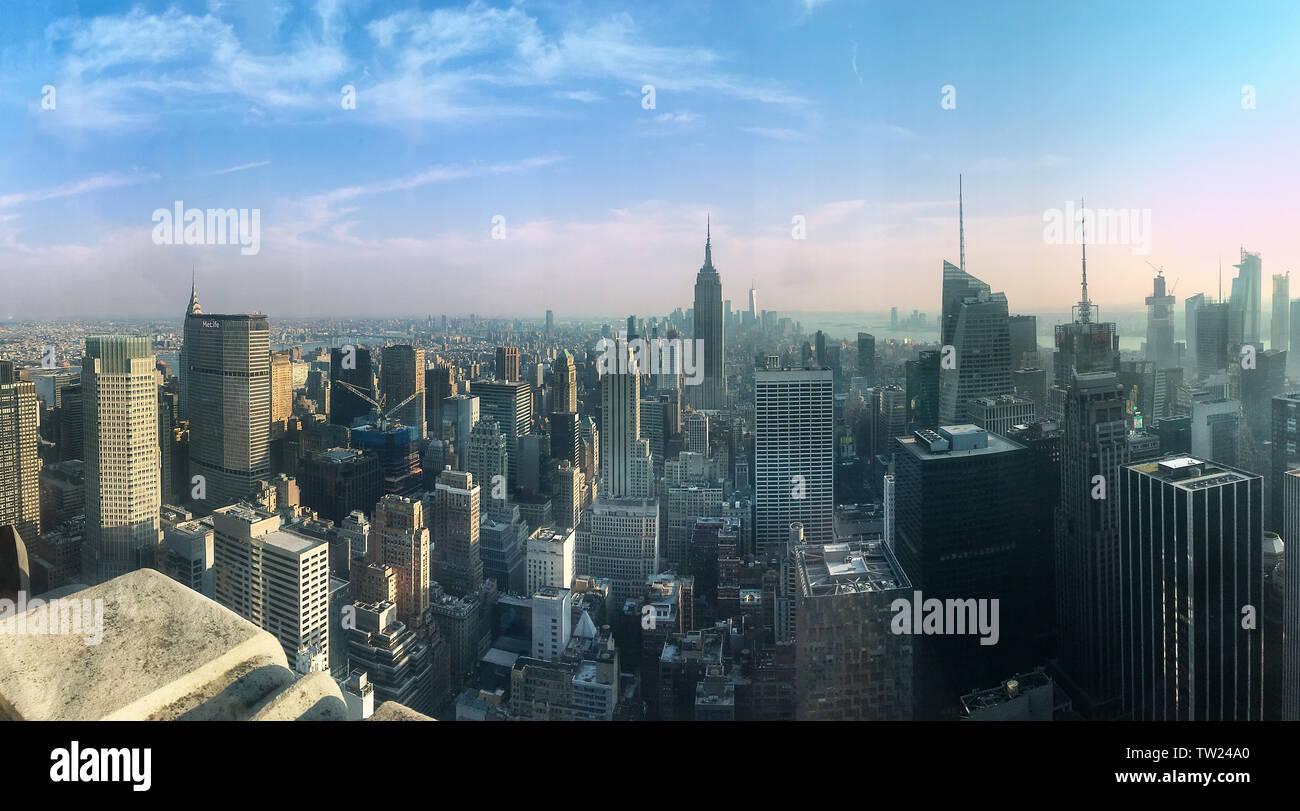 Epic view of Empire State & OWO from the Rockefeller at sunset, NEw York City, New York, USA Stock Photo