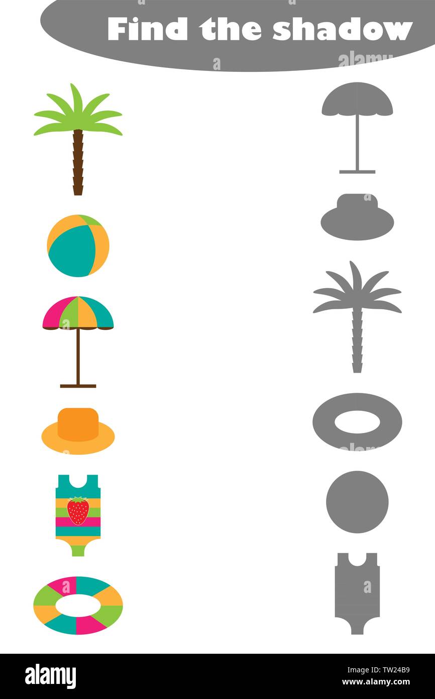 find the shadow game with summer beach pictures for children in cartoon style education game for kids preschool worksheet activity task for the de stock vector image art alamy