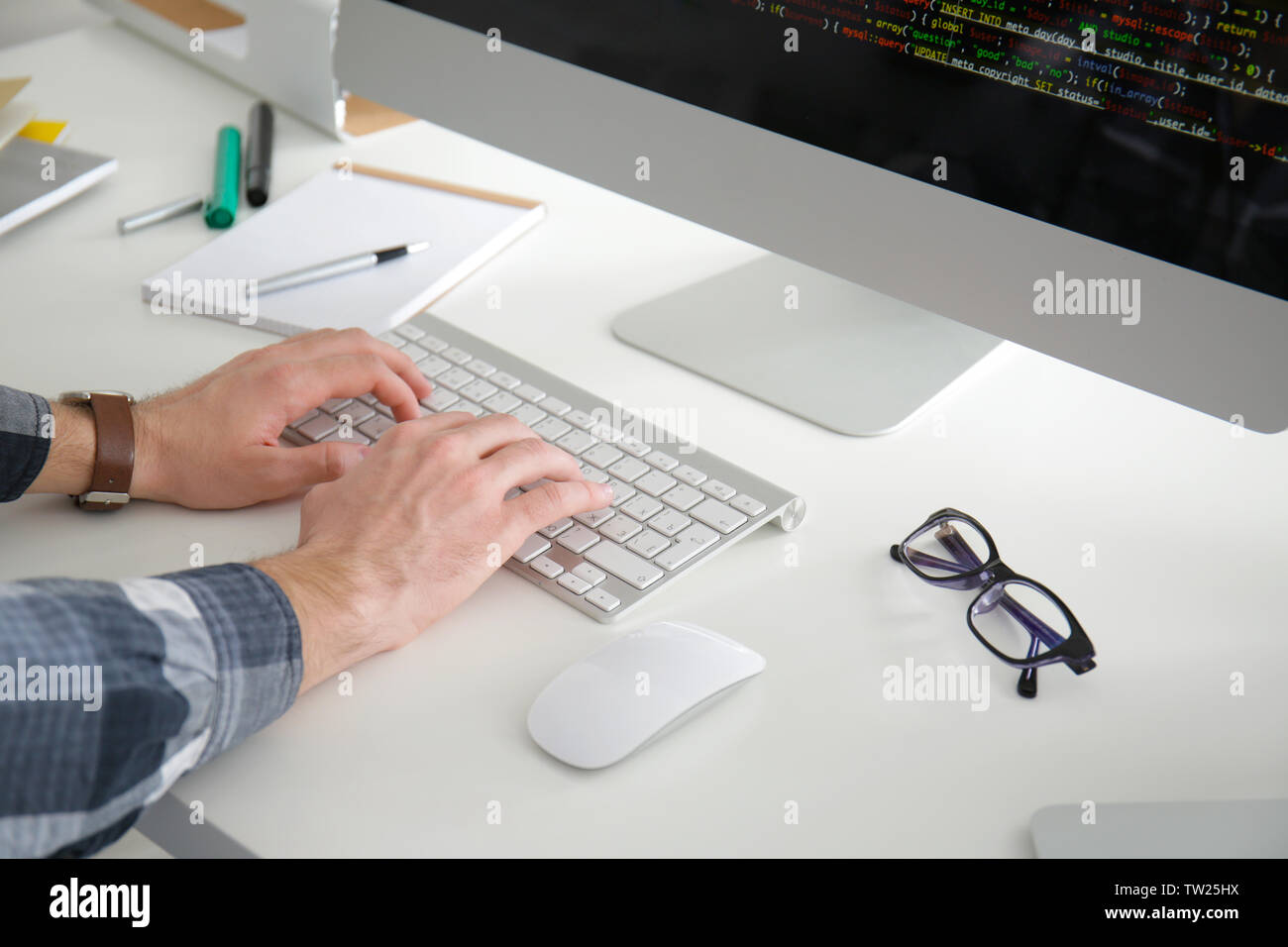 Male hands on keyboard, closeup Stock Photo