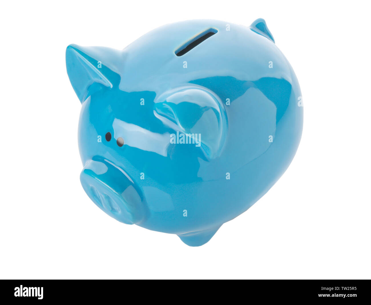Blue ceramic piggy bank on white background Stock Photo - Alamy