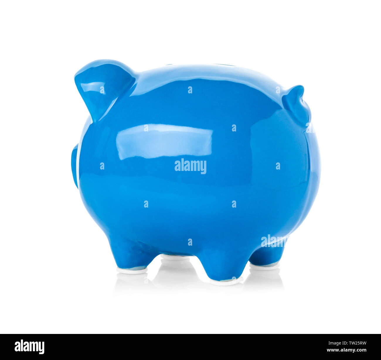 Blue ceramic piggy bank on white background Stock Photo - Alamy
