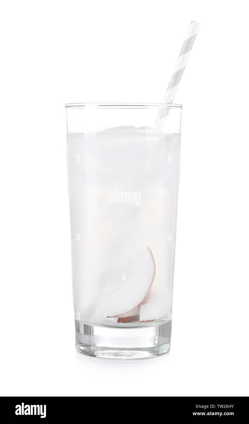 Glass of coconut water on white background Stock Photo - Alamy