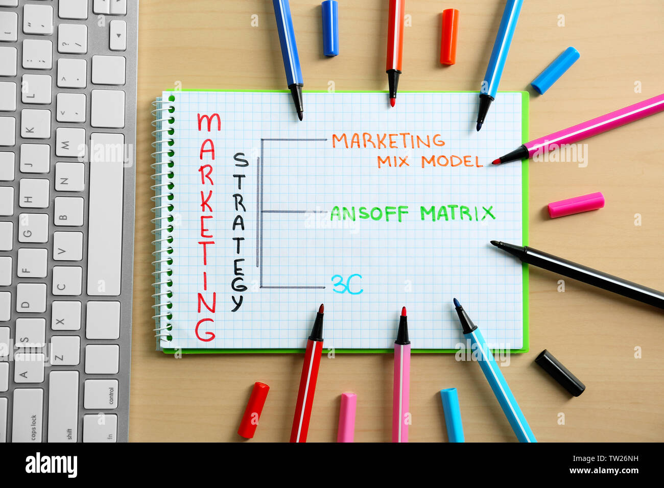 Stationery and computer on table. Marketing concept Stock Photo - Alamy
