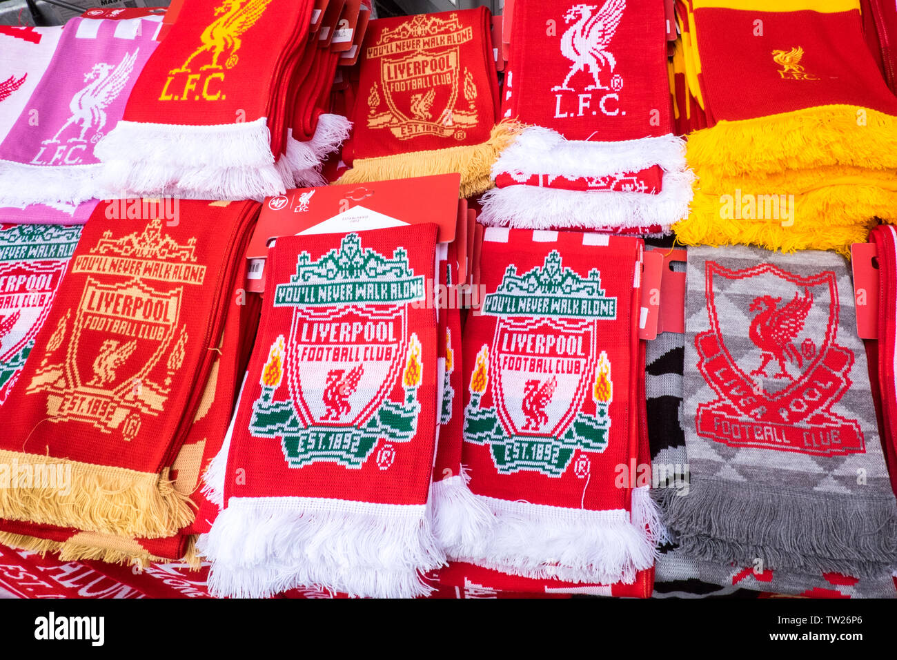 LFC,Liverpool football club,scarf,scarves ,for,sale,on,street,Liverpool,northern,north,city,Merseyside,England,English, GB,Britain,British,Europe Stock Photo - Alamy