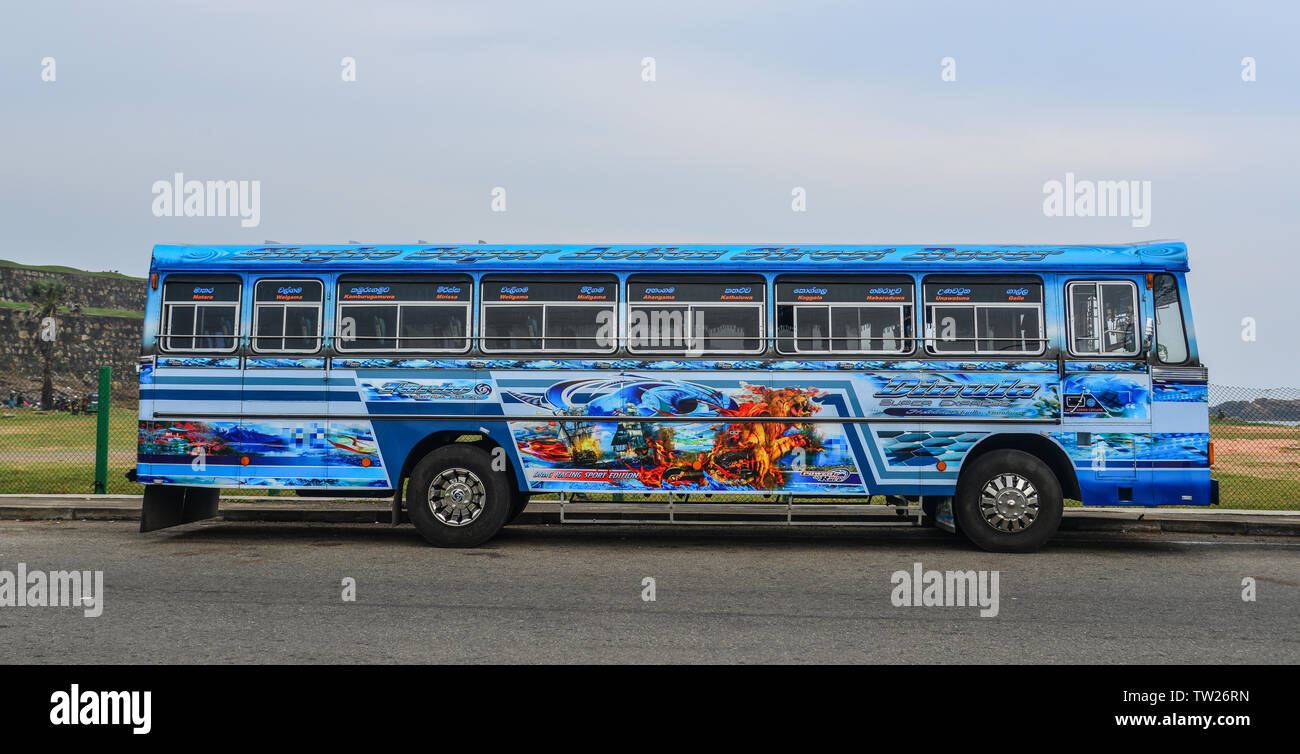 Galle, Sri Lanka - Dec 21, 2018. Local bus running on street in Galle, Sri Lanka. Buses are the most widespread public transport type in Sri Lanka. Stock Photo