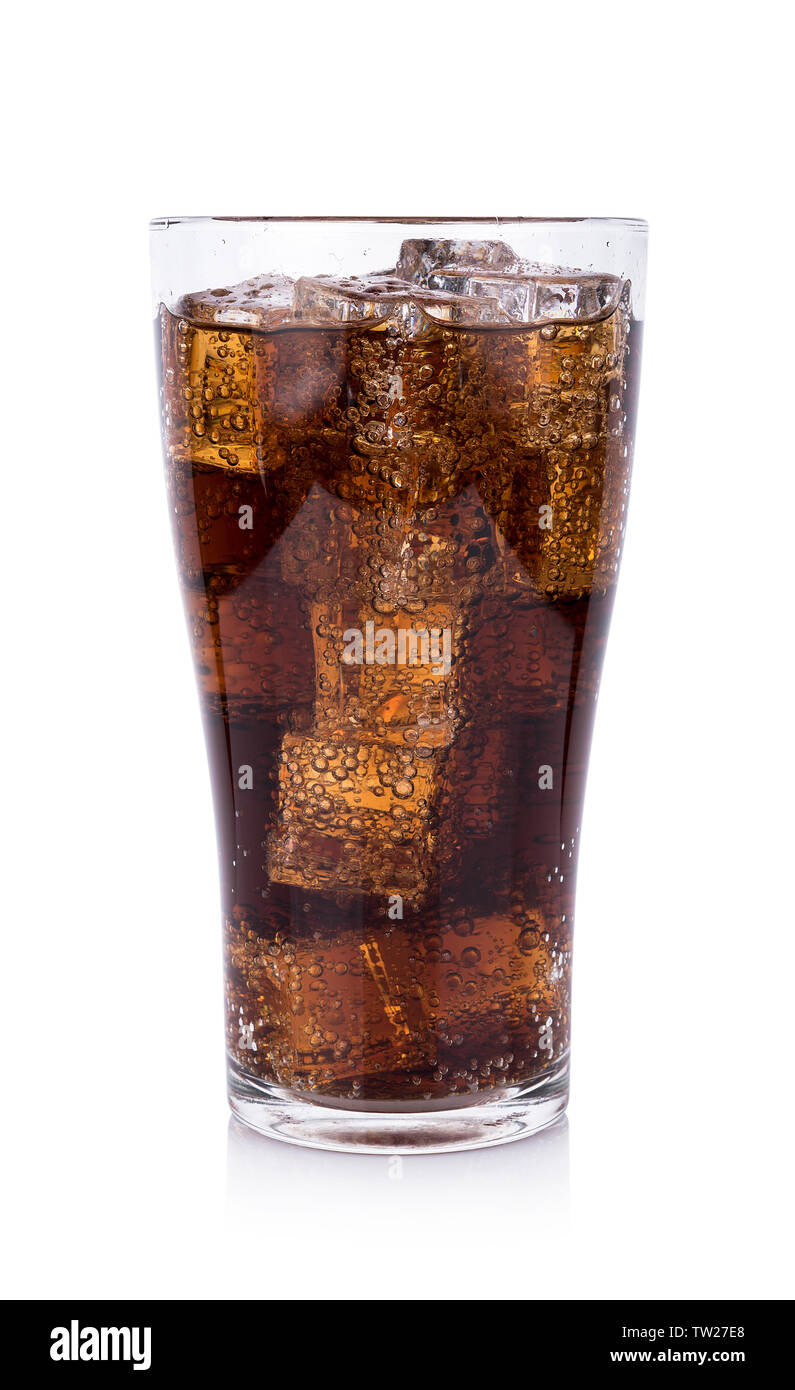 Cola in glass with ice cubes on white background Stock Photo - Alamy