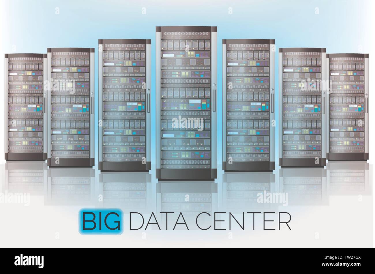 Server room, hosting big data center, cloud database technology Stock Vector