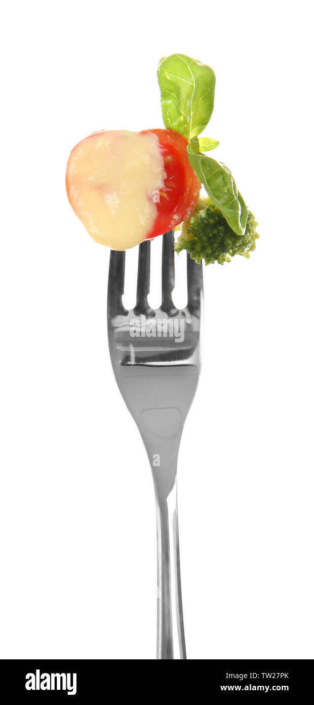 Fork with pinned snack on white background Stock Photo