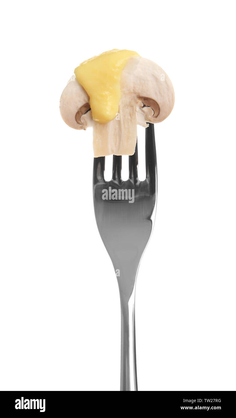 Fork with pinned snack on white background Stock Photo