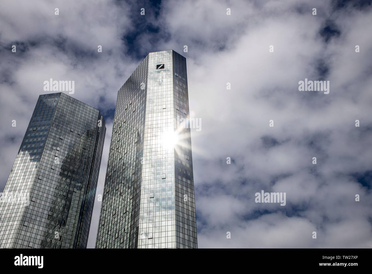 Skyline of Frankfurt am Main, skyscrapers of the Deutsche Bank, Taunusanlage, financial district, city center, Germany, Stock Photo