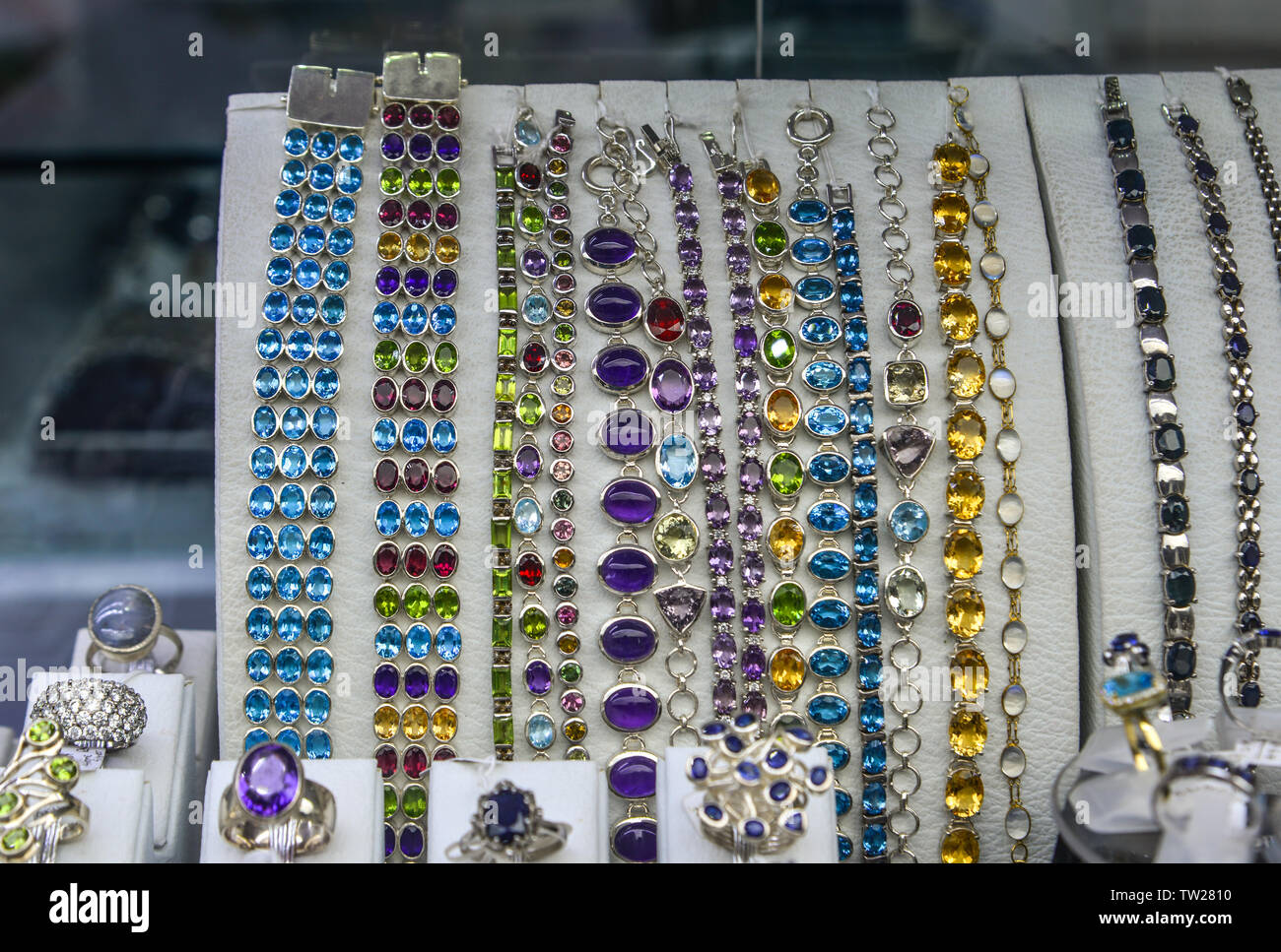 Galle, Sri Lanka Dec 21, 2018. Gold jewelry in the display window of