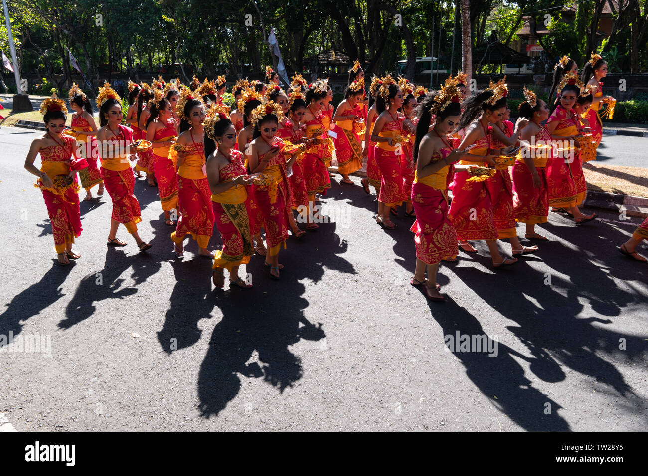 DENPASAR/BALI-JUNE 15 2019: Young Balinese women wearing traditional Balinese headdress and traditional sarong at the opening ceremony of the Bali Art Stock Photo