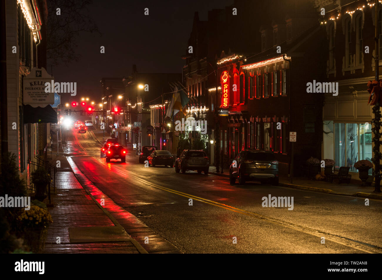 UNITED STATES - November 30, 2015: Downtown Leesburg in Loudoun County Virginia. This view looking south along North King Street.  (Photo by Douglas G Stock Photo