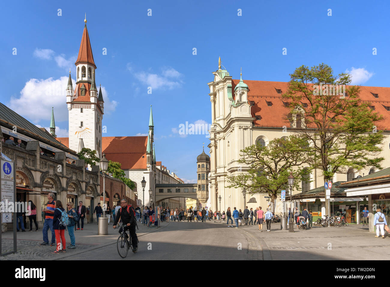 The Old Town Hall and Holy Spirit Church as seen from the Victuals Market in Munich, Germany on a sunny spring day Stock Photo