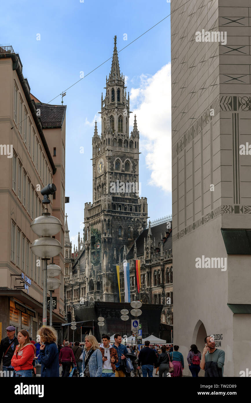 The tower of the Neues Rathaus as seen from the Viktualienmarkt in Munich, Germany on a sunny spring day Stock Photo