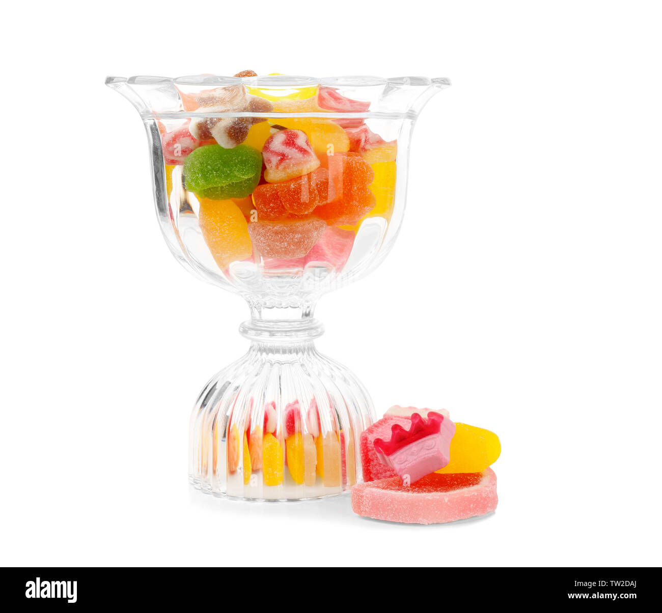 Vase with tasty jelly candies on white background Stock Photo - Alamy