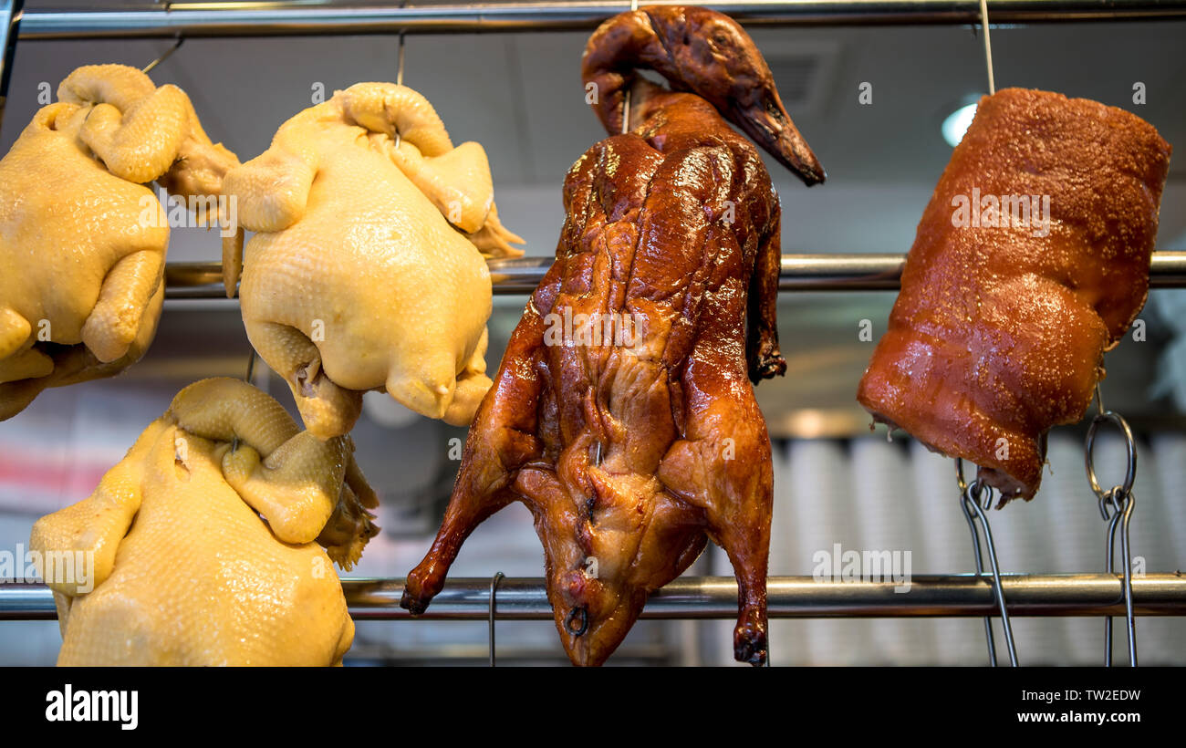 Chinese traditional local food store at Hong Kong, China. Roasted duck