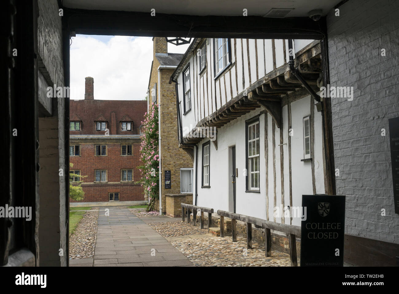 Old wood frame building in Benson Court in grounds of Magdalene college Cambridge 2019 Stock Photo