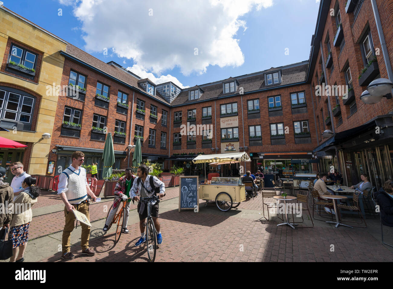 Quayside shops and apartments courtyard Cambridge 2019 Stock Photo