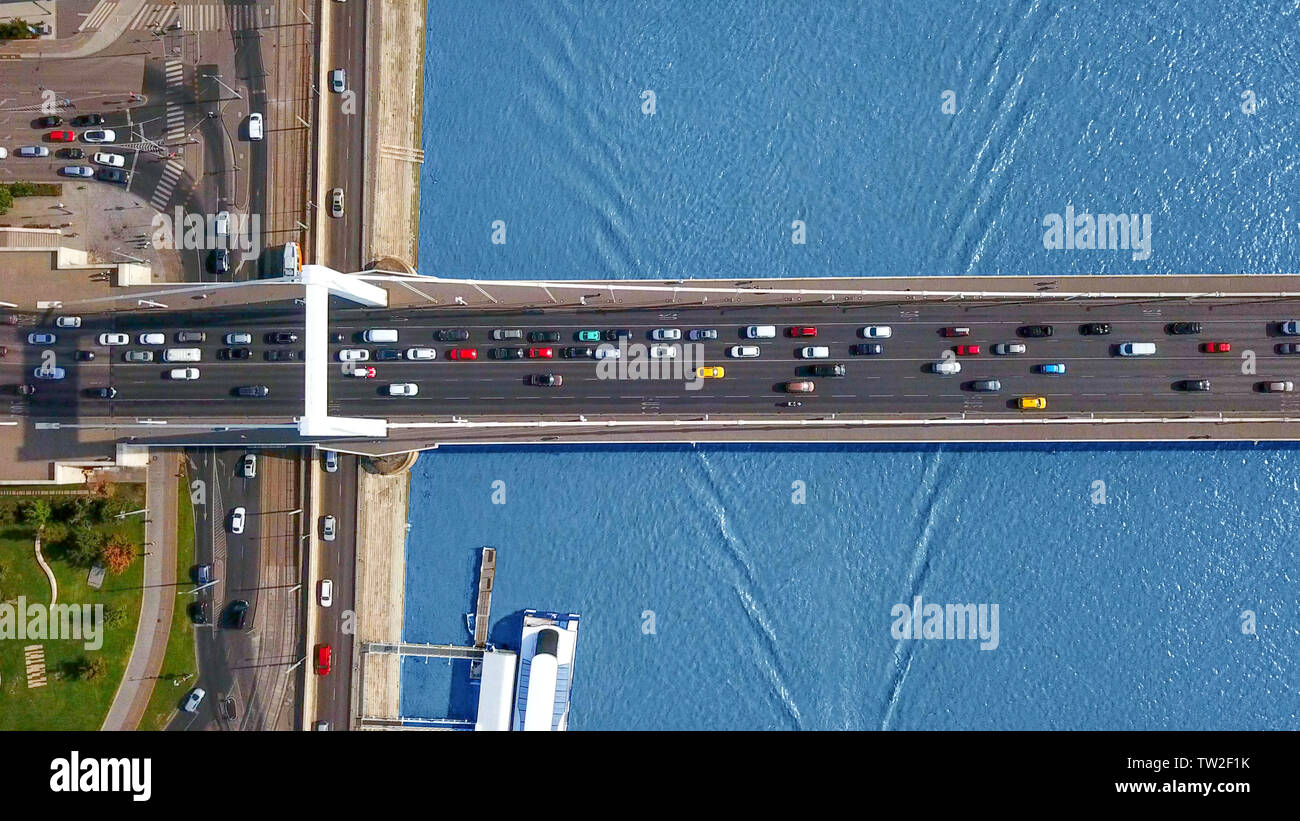 Top down aerial view - Traffic on Elisabeth bridge, Budapest, Hungary. Stock Photo