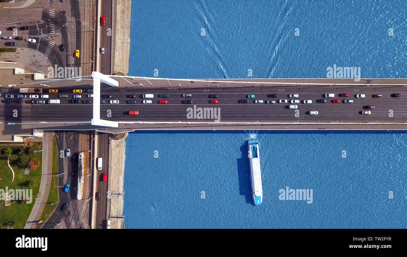 Top down aerial view - Traffic on Elisabeth bridge, Budapest, Hungary. Stock Photo