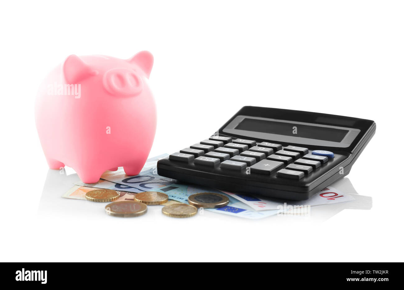 Cute piggy bank with money and calculator on white background Stock ...