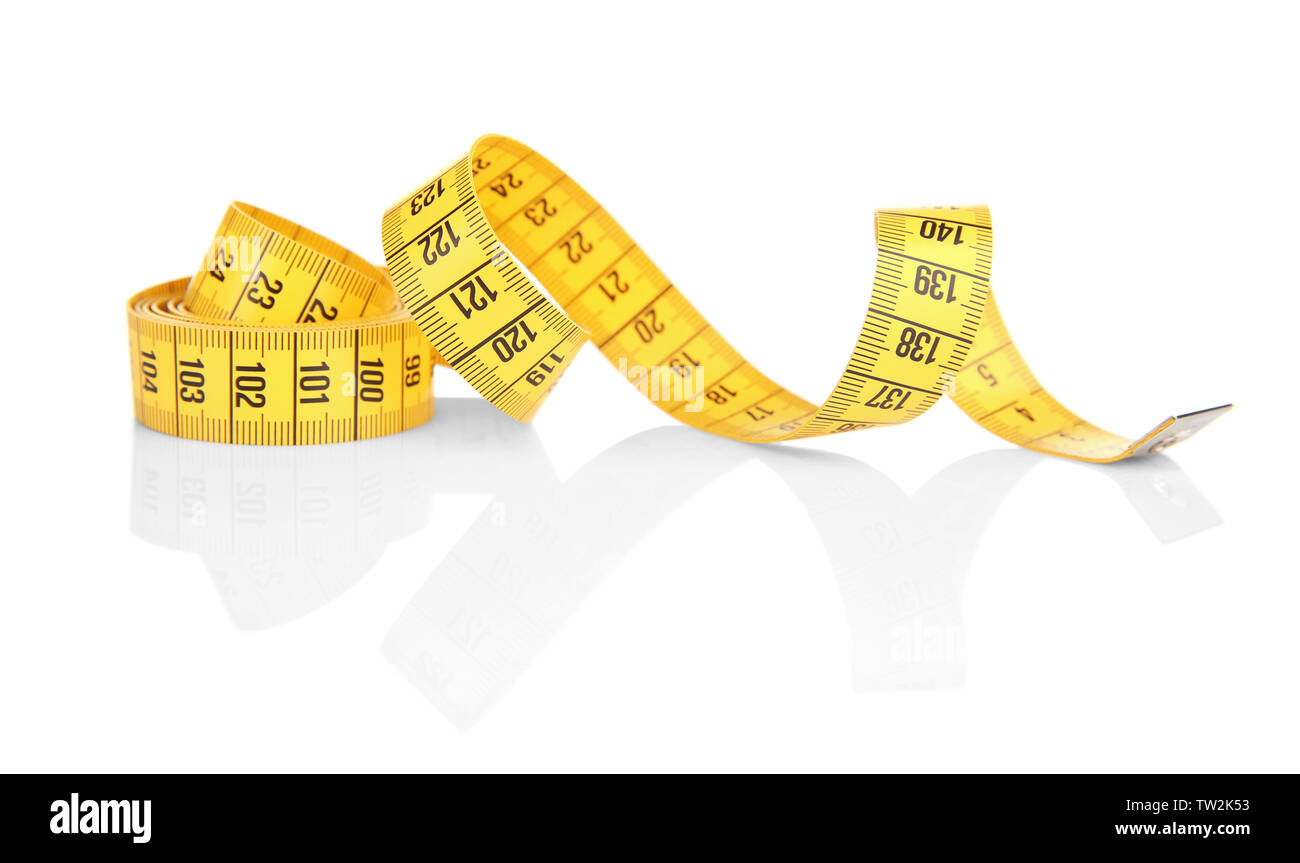 Diet concept. Color measuring tape on white background Stock Photo - Alamy