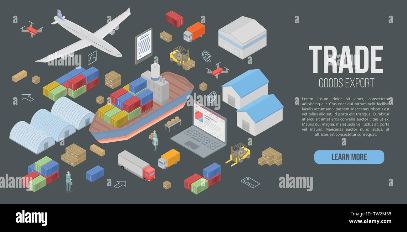 Trade goods export concept banner, isometric style Stock Vector
