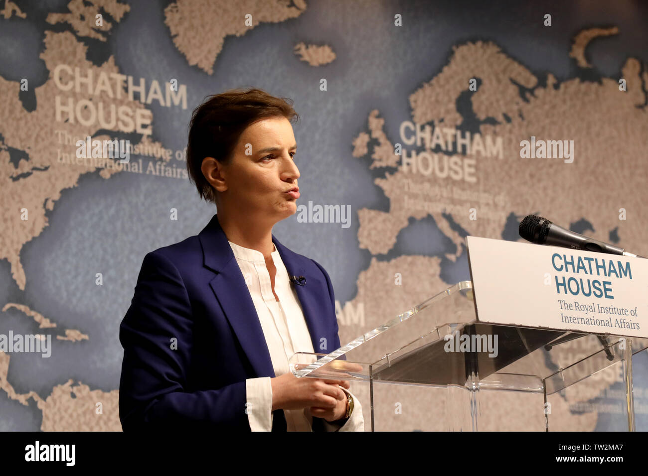 London / UK – June 18, 2019: Serbian prime minister Ana Brnabic speaking at Chatham House in London Stock Photo