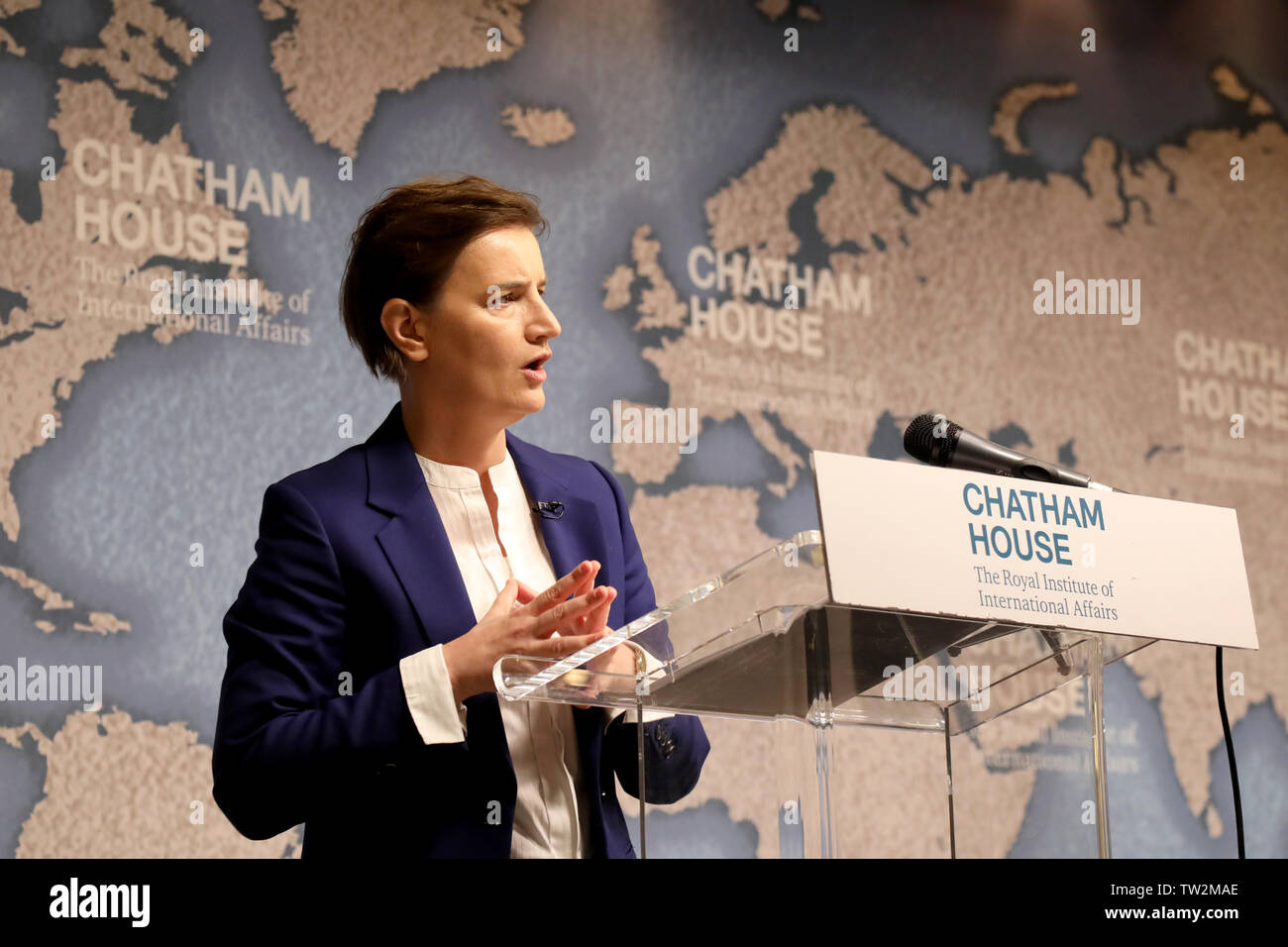 London / UK – June 18, 2019: Serbian prime minister Ana Brnabic speaking at Chatham House in London Stock Photo