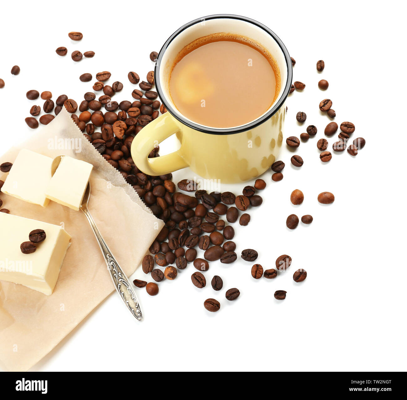 Composition with tasty butter coffee on white background Stock Photo