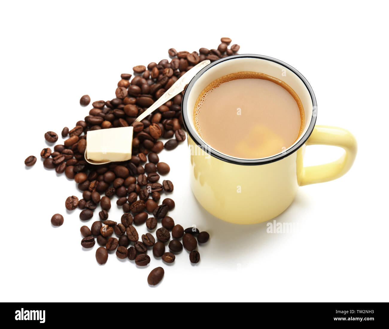 Composition with tasty butter coffee on white background Stock Photo