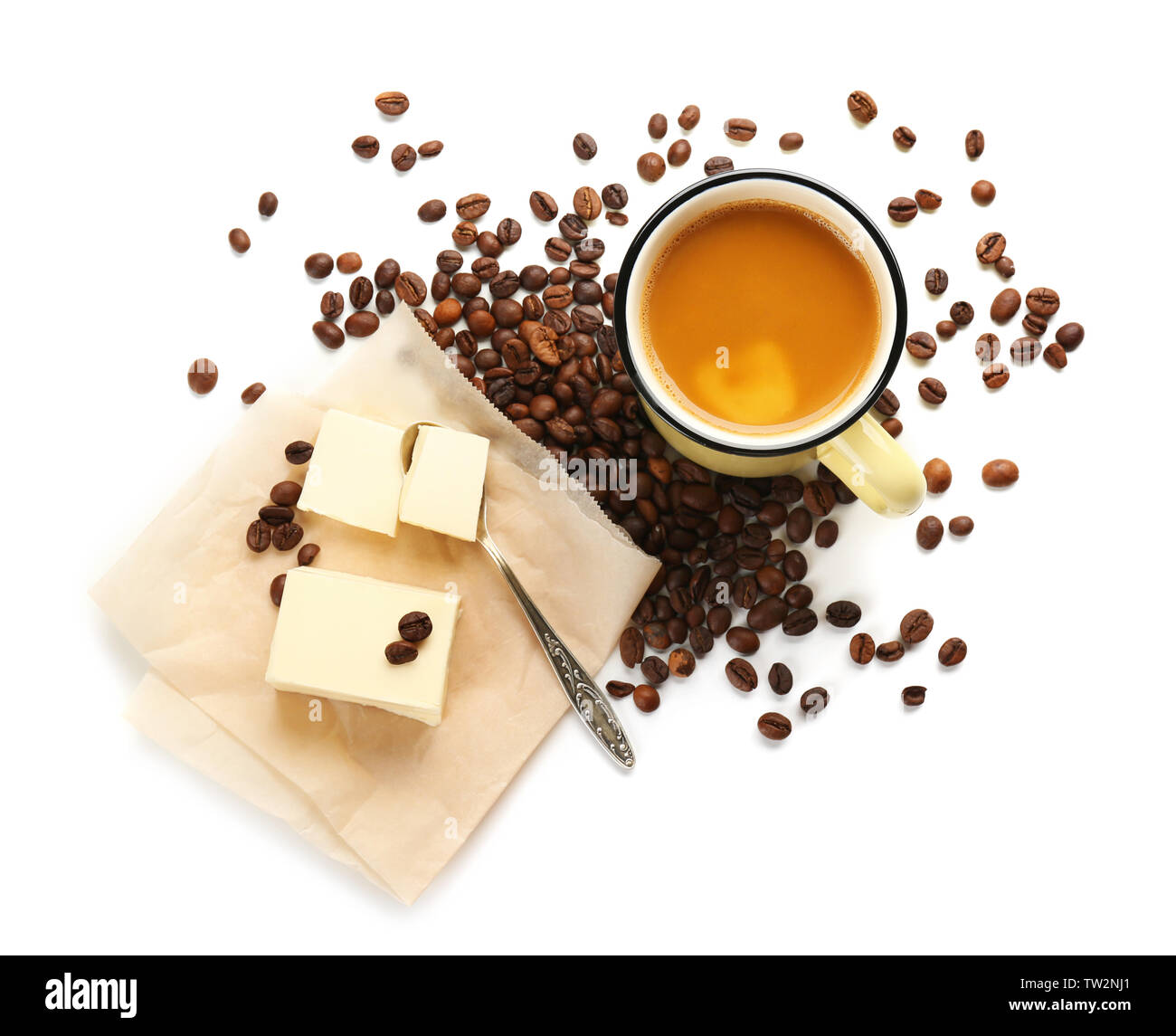 Composition with tasty butter coffee on white background Stock Photo