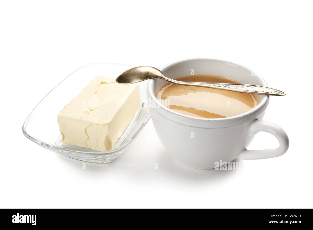 Composition with tasty butter coffee on white background Stock Photo