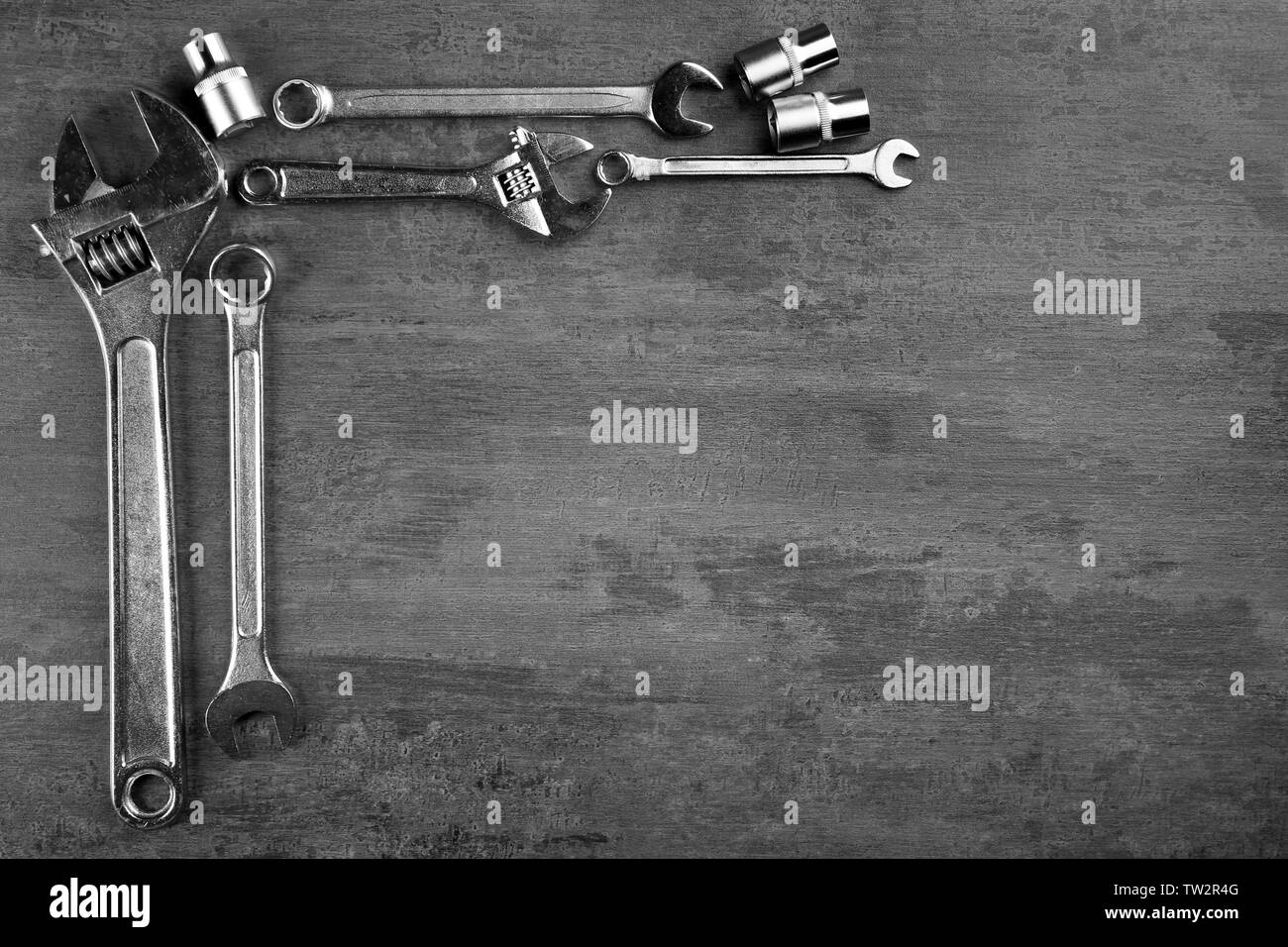 Setting of tools on grey table, top view Stock Photo - Alamy