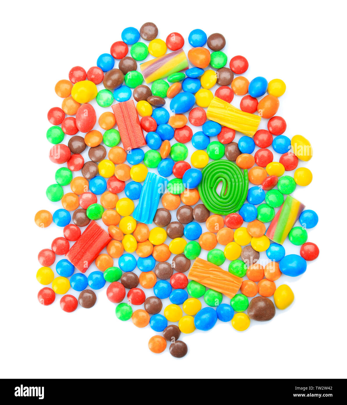 Tasty and colorful candies on white background Stock Photo - Alamy