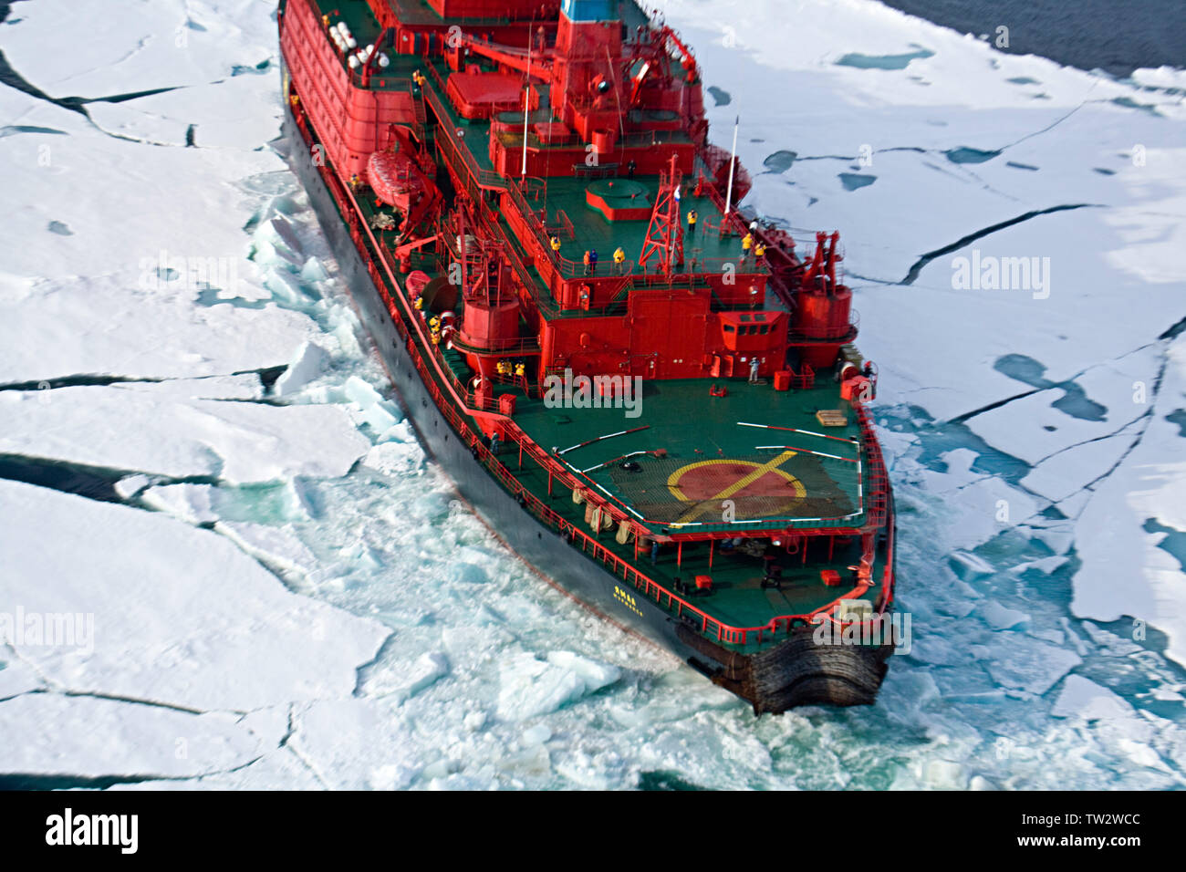 Arktika-class nuclear icebreaker, Yamal, chartered by Quark Expeditions for trip to North Pole. Aerial view of ship in sea ice. Stock Photo