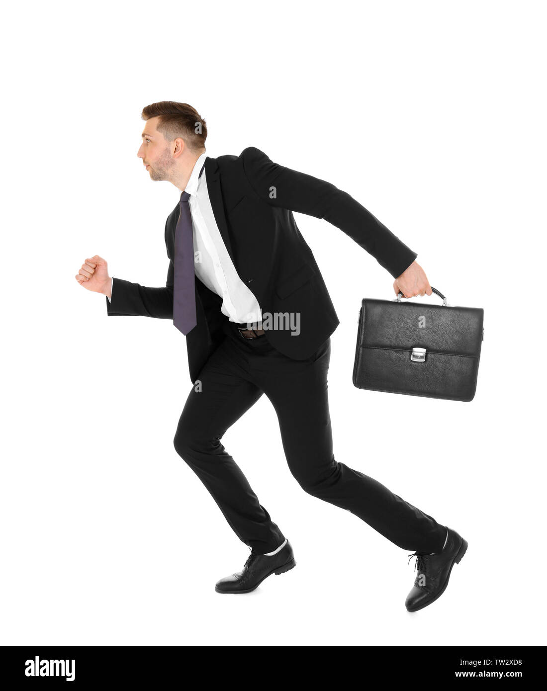 Handsome running businessman on white background Stock Photo - Alamy