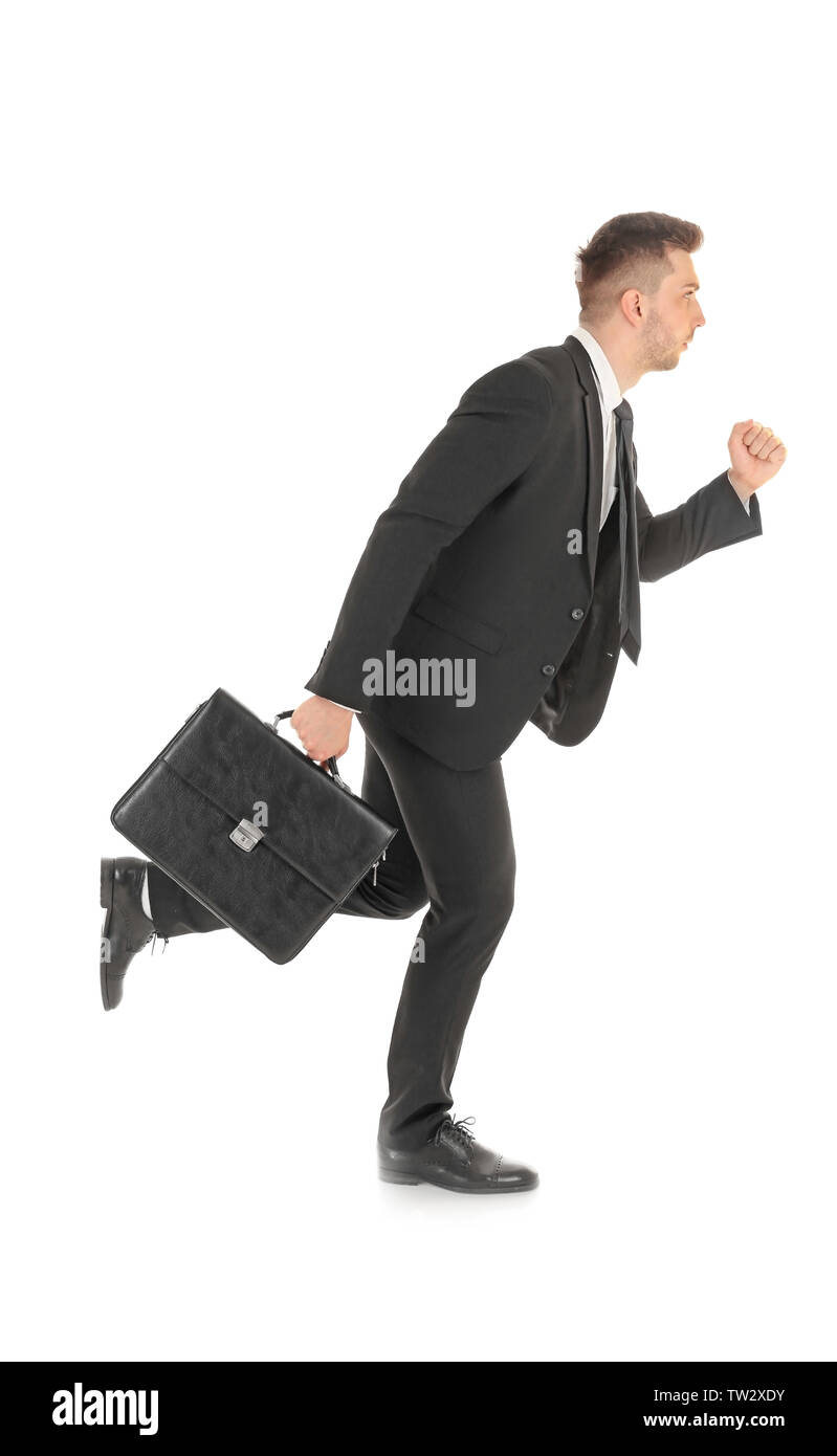Handsome running businessman on white background Stock Photo - Alamy