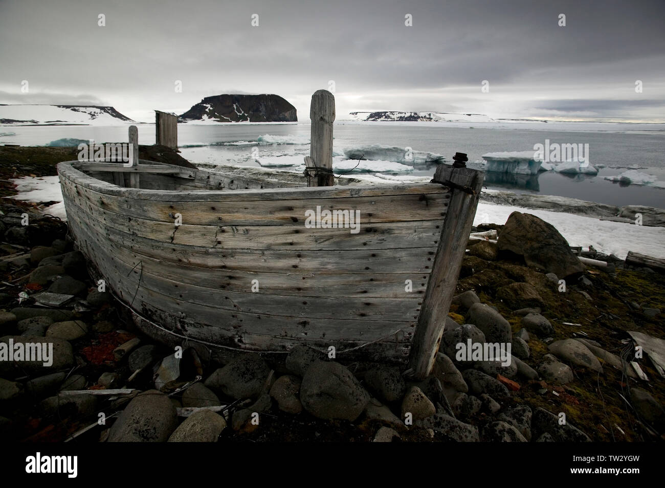 Abandoned boat at old Russian scientific station on Hooker Island in
